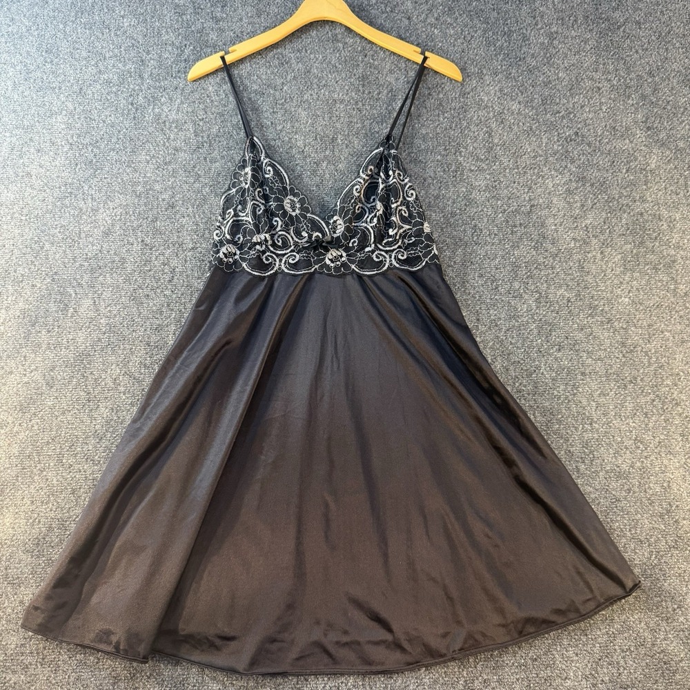 Vintage Petra Fashions Babydoll Nightgown Black Lace Nylon Chemise USA M‎